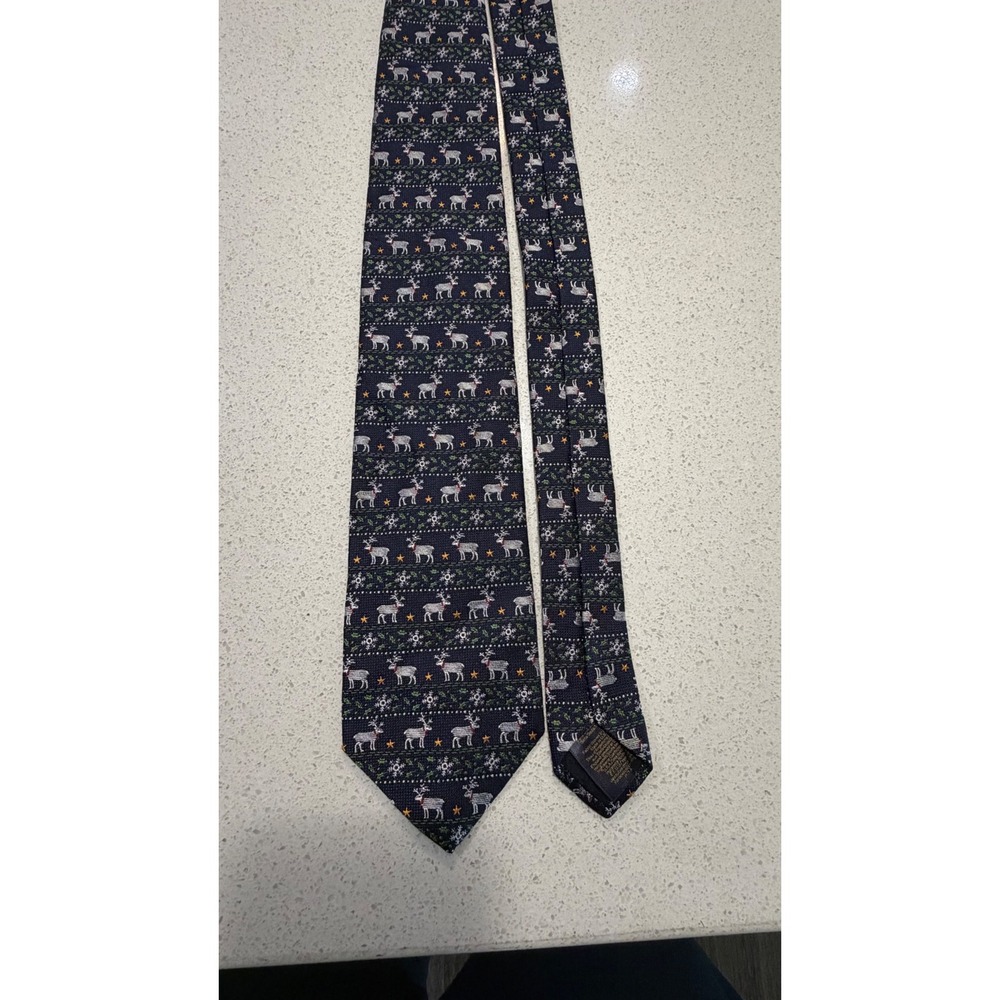 Brooks Brothers Mens Silk Tie Navy Blue Reindeer Snowflake Holiday Christmas